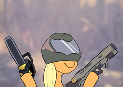 Size: 2400x1700 | Tagged: safe, artist:elzzombie, character:applejack, chainsaw, crossover, doom, doom 2016, dual wield, female, gun, helmet, hoof hold, rocket launcher, solo, weapon