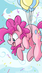 Size: 391x670 | Tagged: safe, artist:spainfischer, character:pinkie pie, species:earth pony, species:pony, balloon, cloud, confetti, cute, diapinkes, female, flying, mare, open mouth, sky, solo, then watch her balloons lift her up to the sky