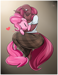 Size: 1093x1400 | Tagged: safe, artist:sanders, character:pinkie pie, oc, oc only, oc:charlotte, species:anthro, species:plantigrade anthro, species:pony, species:unicorn, clothing, eyes closed, feet, female, hug, pajamas, plushie, solo