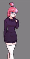Size: 1632x3176 | Tagged: safe, artist:scorpdk, character:moondancer, species:human, breasts, busty moondancer, clothing, female, glasses, humanized, looking at you, simple background, socks, solo, sweater, sweater dress, thigh highs