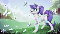 Size: 1024x576 | Tagged: safe, artist:arctic-fox, oc, oc only, oc:raribot, species:pony, species:unicorn, butterfly, cute, cutie mark, female, grass, hooves, horn, mare, meadow, open mouth, raribot, robot, robot pony, solo, teeth, tree