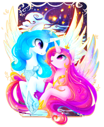Size: 3141x3810 | Tagged: safe, artist:koveliana, character:princess cadance, oc, oc:lexie, species:alicorn, species:pony, alicorn oc, chromatic aberration, color porn, mother and daughter, spread wings, wings