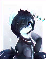 Size: 1850x2359 | Tagged: safe, artist:koveliana, oc, oc only, chromatic aberration, clothing, commission, cute, gloves, hair over one eye, hoodie, nya, pointing, question mark, raised hoof, sitting, solo