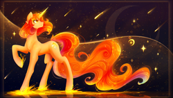 Size: 3840x2160 | Tagged: safe, artist:koveliana, oc, oc only, oc:cinder, species:pony, species:unicorn, chromatic aberration, color porn, commission, looking up, magic, raised hoof, shooting star, solo, stars, wallpaper
