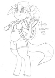 Size: 633x900 | Tagged: safe, artist:moronsonofboron, oc, oc only, oc:hope, parent:lyra heartstrings, satyr, babscon, backpack, monochrome, name tag, offspring