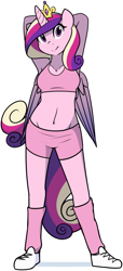 Size: 874x1920 | Tagged: safe, artist:furrgroup, character:princess cadance, species:anthro, species:plantigrade anthro, armpits, belly button, clothing, female, leg warmers, midriff, shoes, shorts, sneakers, solo, sports bra, sports shorts, stretching