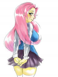 Size: 1280x1694 | Tagged: safe, artist:mrscurlystyles, edit, character:fluttershy, my little pony:equestria girls, bedroom eyes, big breasts, blushing, breasts, busty fluttershy, clothing, eqg recolor, faith summers, female, grin, looking at you, looking back, miniskirt, pleated skirt, recolor, school uniform, sideboob, skirt, smiling, socks, solo, starswirl academy, starswirl academy uniform, thigh highs, zettai ryouiki