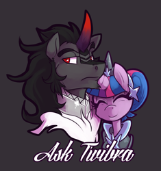 Size: 1230x1306 | Tagged: safe, artist:bluntwhiskey, character:king sombra, character:twilight sparkle, character:twilight sparkle (alicorn), species:alicorn, species:pony, ship:twibra, ask twibra, female, male, shipping, smiling, straight
