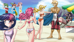 Size: 2600x1463 | Tagged: safe, artist:mauroz, character:applejack, character:big mcintosh, character:fluttershy, character:pinkie pie, character:rainbow dash, character:rarity, character:spike, character:twilight sparkle, species:human, armpits, ass, barefoot, beach, belly button, bicolor swimsuit, bikini, black swimsuit, blue swimsuit, blushing, breasts, clothing, crossed legs, feet, female, humanized, jersey, magazine, mane six, midriff, ocean, one-piece swimsuit, open mouth, orange swimsuit, phone, purple swimsuit, sand, shade, shorts, sideboob, signature, smartphone, sports shorts, summer, sunglasses, surfboard, swim trunks, swimsuit, umbrella, white swimsuit, yellow swimsuit