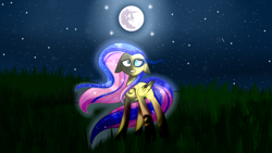 Size: 1024x576 | Tagged: safe, artist:despotshy, character:fluttershy, character:nightmare fluttershy, folded wings, full moon, grass, moon, night, starry night, transformation
