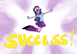 Size: 2000x1400 | Tagged: safe, artist:mofetafrombrooklyn, character:twilight sparkle, my little pony:equestria girls, clothing, happy, jumping, leg warmers, one word, pleated skirt, reaction image, shoes, skirt, success