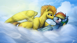 Size: 3840x2160 | Tagged: safe, artist:lupiarts, character:rainbow dash, character:spitfire, species:pegasus, species:pony, ship:spitdash, blushing, cloud, duo, female, hooves, kissing, lesbian, lying on a cloud, mare, nuzzling, on a cloud, on back, shipping, spread wings, wings