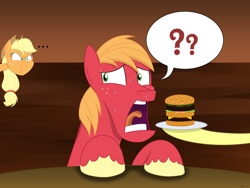 Size: 2400x1800 | Tagged: safe, artist:mofetafrombrooklyn, character:apple bloom, character:applejack, character:big mcintosh, species:earth pony, species:pony, ..., angry, big mac (burger), burger, food, hamburger, male, mcdonald's, nervous, open mouth, ponies eating meat, pun, stallion, sweat