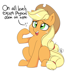 Size: 1200x1200 | Tagged: safe, artist:notenoughapples, character:applejack, species:pony, applejack's hat, clothing, cowboy hat, cute, dialogue, female, freckles, hat, jackabetes, mare, on all levels except physical, open mouth, otherkin, raised hoof, simple background, sitting, smiling, solo, that pony sure does love apples, transparent background