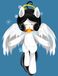 Size: 1024x1339 | Tagged: safe, artist:snow angel, oc, oc only, oc:snow angel, species:pegasus, species:pony, bell, bell collar, blushing, collar, digital art, eyes closed, female, flying, heterochromia, red eyes, snow, snowflake, solo, spread wings, watermark, wings, yellow eyes