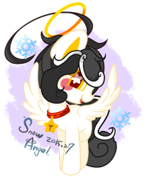 Size: 600x724 | Tagged: safe, artist:snow angel, oc, oc only, oc:snow angel, species:pegasus, species:pony, bell, bell collar, blushing, collar, digital art, female, snow, snowflake, solo, spread wings, starry eyes, wingding eyes, wings, yellow eyes