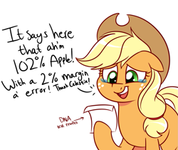 Size: 1167x979 | Tagged: safe, artist:notenoughapples, character:applejack, species:earth pony, species:pony, crying, dialogue, dna test, female, hoof hold, mare, open mouth, paper, parody, simple background, smiling, solo, tears of joy, the boondocks, wat, white background