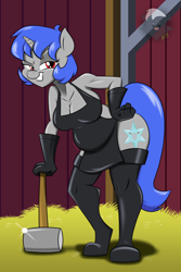 Size: 1200x1800 | Tagged: safe, artist:mofetafrombrooklyn, oc, oc only, species:anthro, species:pony, species:unicorn, apron, belly, broken horn, clothing, hammer, naked apron, solo, thigh boots