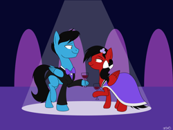 Size: 2400x1800 | Tagged: safe, artist:mofetafrombrooklyn, oc, oc only, oc:star spicer, oc:strumbeat strings, clothing, dexterous hooves, dress, grand galloping gala, red and black oc, starstrings, wine glass