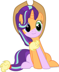 Size: 6000x7259 | Tagged: safe, artist:arifproject, character:applejack, character:starlight glimmer, species:pony, :3, absurd resolution, catface, cute, fusion, simple background, sitting, sitting catface meme, transparent background, vector, wat, we have become one, what has science done