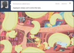 Size: 640x463 | Tagged: safe, artist:capnpea, edit, edited screencap, screencap, character:applejack, episode:look before you sleep, g4, my little pony: friendship is magic, fimbriae, lasso, rope, tail, wat