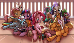Size: 4965x2885 | Tagged: safe, artist:gsphere, character:angel bunny, character:applejack, character:fluttershy, character:pinkie pie, character:princess celestia, character:rainbow dash, character:rarity, character:spike, character:twilight sparkle, species:alicorn, species:dragon, species:earth pony, species:pegasus, species:pony, species:unicorn, absurd resolution, baby, baby dragon, baking, book, cute, cutelestia, dashabetes, diapinkes, eyes closed, female, freckles, hair styling, jackabetes, magic, male, mane seven, mane six, mare, one eye closed, open mouth, raribetes, reading, shyabetes, spikabetes, tail wrap, tongue out, twiabetes