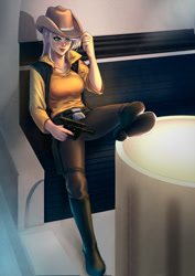 Size: 990x1400 | Tagged: safe, artist:bakki, character:applejack, species:human, belt, blaster, clothing, commission, crossover, female, han shot first, han solo, hat, humanized, solo, star wars