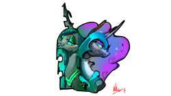 Size: 5259x2959 | Tagged: safe, artist:alumx, character:nightmare moon, character:princess luna, character:queen chrysalis, species:alicorn, species:changeling, species:pony, ship:chrysmoon, blushing, changeling queen, female, lesbian, mare, shipping