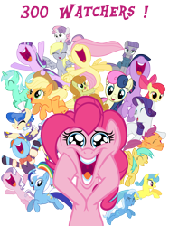 Size: 5000x6667 | Tagged: safe, artist:tardifice, character:apple bloom, character:applejack, character:bon bon, character:carrot top, character:derpy hooves, character:diamond tiara, character:fluttershy, character:golden harvest, character:lemon hearts, character:lyra heartstrings, character:maud pie, character:minuette, character:pinkie pie, character:rainbow dash, character:rarity, character:sapphire shores, character:scootaloo, character:starlight glimmer, character:sunshower raindrops, character:sweetie belle, character:sweetie drops, character:trixie, character:twilight sparkle, character:twilight sparkle (alicorn), species:alicorn, species:pegasus, species:pony, absurd resolution, bipedal, cutie mark crusaders, faec, mane six, milestone, open mouth, simple background, snowdash, transparent background