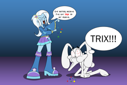 Size: 2700x1800 | Tagged: safe, artist:mofetafrombrooklyn, character:trixie, species:rabbit, my little pony:equestria girls, cereal, food, pun, tricks up my sleeve, trix, trix rabbit, visual gag