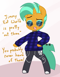 Size: 1555x2000 | Tagged: safe, artist:kryptchild, character:snails, species:pony, bipedal, clothing, collar, cute, eyeshadow, glitter shell, hairclip, hipster, jimmy eat world, makeup, male, plaid shirt, socks, solo, stockings, sunglasses