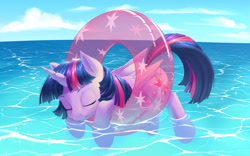 Size: 2560x1600 | Tagged: safe, artist:dstears, character:twilight sparkle, character:twilight sparkle (alicorn), species:alicorn, species:pony, g4, cute, eyebrows, eyes closed, female, floating, inner tube, ocean, relaxing, solo, three quarter view, twiabetes, water