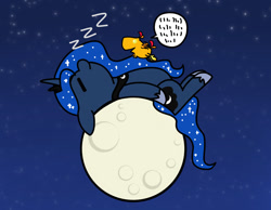 Size: 1280x993 | Tagged: safe, artist:flutterluv, character:peewee, character:princess luna, series:flutterluv's full moon, cute, eyes closed, lunabetes, moon, peanuts, peewee, peeweebetes, pony bigger than a planet, sleeping, snoopy, tangible heavenly object, woodstock (peanuts), zzz