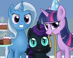 Size: 1280x1024 | Tagged: safe, artist:gsphere, character:trixie, character:twilight sparkle, oc, oc:nyx, species:alicorn, species:pony, species:unicorn, fanfic:past sins, alicorn oc, cake, candle, clothing, female, filly, hat, looking at you, mare, mouth hold, party hat, rope, trio