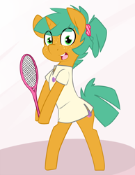 Size: 1280x1646 | Tagged: safe, artist:kryptchild, character:snails, species:pony, alternate hairstyle, bipedal, clothing, crossdressing, cute, dress, femboy, glitter shell, male, solo, sports dress, tennis, tennis racket