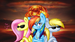 Size: 1024x576 | Tagged: safe, artist:despotshy, character:derpy hooves, character:fluttershy, character:rainbow dash, species:pegasus, species:pony, female, mare, mushroom cloud, sunglasses, swag