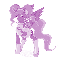 Size: 1006x1000 | Tagged: safe, artist:dstears, character:princess luna, species:alicorn, species:pony, boots, clothing, crossover, cute, female, high heel boots, mare, miniskirt, one eye closed, pigtails, shoes, skirt, solo, space channel 5, ulala, wink