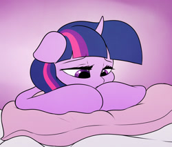 Size: 2000x1700 | Tagged: safe, artist:elzzombie, character:twilight sparkle, female, frown, gradient background, looking down, pillow, sad, solo, vent art