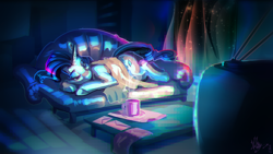 Size: 2162x1216 | Tagged: safe, artist:alumx, character:rarity, beverage, blanket, couch, cup, envelope, female, living room, night sky, prone, solo, song cover, stars, television, vylet pony, watching