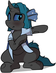Size: 2021x2656 | Tagged: safe, artist:furrgroup, oc, oc only, oc:synch, species:changeling, :i, clothing, dressing, female, shirt, solo