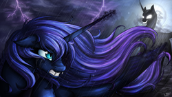 Size: 3840x2160 | Tagged: safe, artist:lupiarts, character:nightmare moon, character:princess luna, species:alicorn, species:pony, angry, cloud, crying, duality, fangs, female, floppy ears, frown, glare, glowing eyes, grin, gritted teeth, lightning, magic, mare, moon, night, nightmare luna, nose wrinkle, rain, shadow, smiling, storm