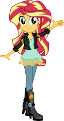 Size: 1478x2800 | Tagged: safe, artist:botchan-mlp, character:sunset shimmer, equestria girls:friendship games, g4, my little pony: equestria girls, my little pony:equestria girls, boots, clothing, cute, dress, female, high heel boots, jacket, leather jacket, looking at you, pants, simple background, smiling, solo, transparent background, vector