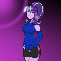 Size: 1024x1024 | Tagged: safe, artist:ixalon, artist:scorpdk, edit, character:starlight glimmer, my little pony:equestria girls, clothing, color edit, colored, compression shorts, equestria girls-ified, female, looking at you, shorts, sleeveless turtleneck, smiling, solo