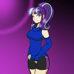 Size: 1024x1024 | Tagged: safe, artist:ixalon, artist:scorpdk, edit, character:starlight glimmer, species:human, bike shorts, breasts, busty starlight glimmer, clothing, color edit, colored, compression shorts, female, humanized, looking at you, shorts, sleeveless turtleneck, smiling, solo