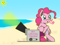 Size: 1280x960 | Tagged: safe, artist:flutterluv, character:pinkie pie, newbie artist training grounds, atg 2016, beach, female, machine, pun, solo, sun, visual gag, whistling