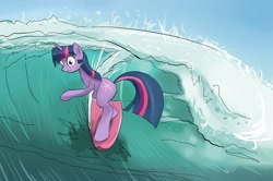 Size: 2046x1362 | Tagged: safe, artist:gsphere, character:twilight sparkle, species:pony, species:unicorn, bipedal, female, mare, solo, surfboard, surfing, water, wave