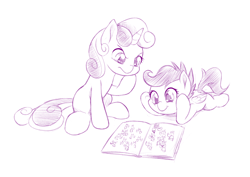 Size: 1000x708 | Tagged: safe, artist:dstears, character:scootaloo, character:sweetie belle, species:pegasus, species:pony, newbie artist training grounds, cute, cutealoo, diasweetes, monochrome, where's waldo