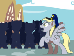 Size: 1280x960 | Tagged: safe, artist:flutterluv, character:derpy hooves, species:pegasus, species:pony, clothing, hat, mailmare, mailmare hat, raised hoof, silhouette, solo focus