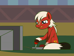 Size: 1280x960 | Tagged: safe, artist:flutterluv, species:earth pony, species:pony, controller, epona, female, gaming, joystick, mare, playing, ponified, solo, television, the legend of zelda, tongue out