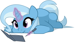 Size: 2934x1677 | Tagged: dead source, safe, artist:furrgroup, character:trixie, species:pony, species:unicorn, book, cute, diatrixes, female, levitation, magic, mare, pen, prone, simple background, smiling, solo, telekinesis, white background, writing
